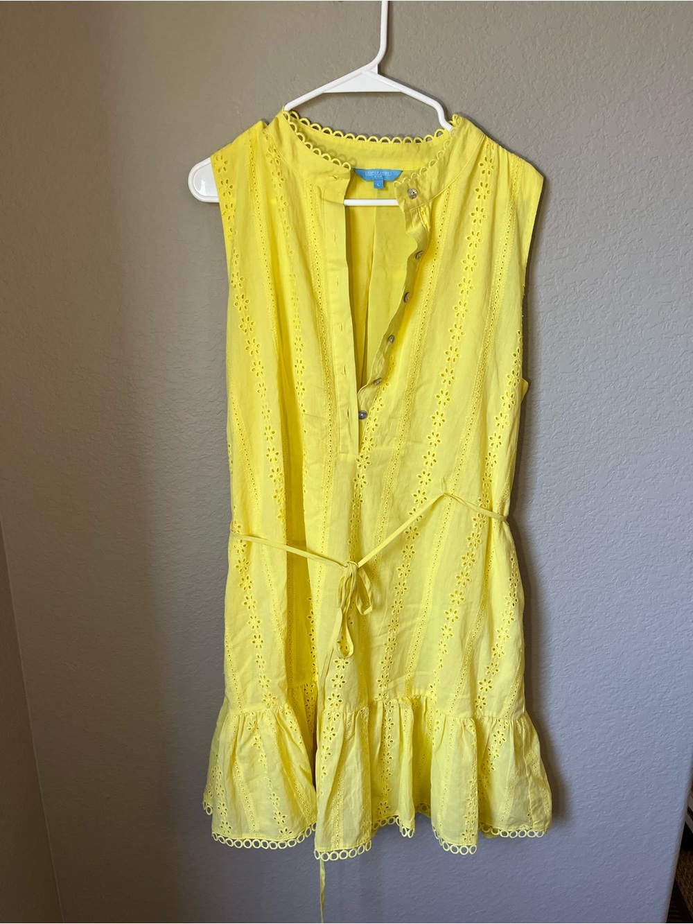 Draper James RSVP Yellow Eyelet Cotton Tie Waist Ruffle Dress L Cottagecore